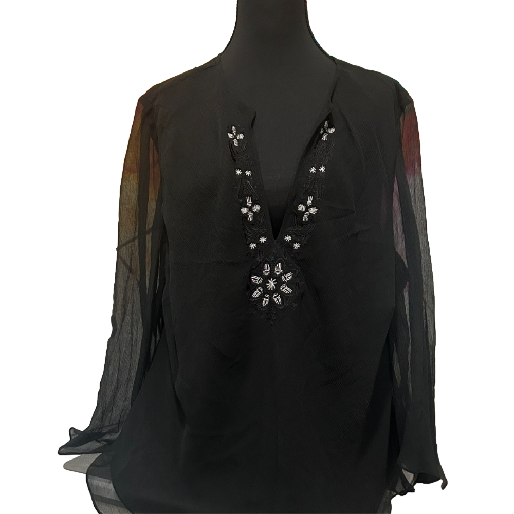SilkLand Black Sheer Blouse Embellished Neckline Plus Size 2X NWT